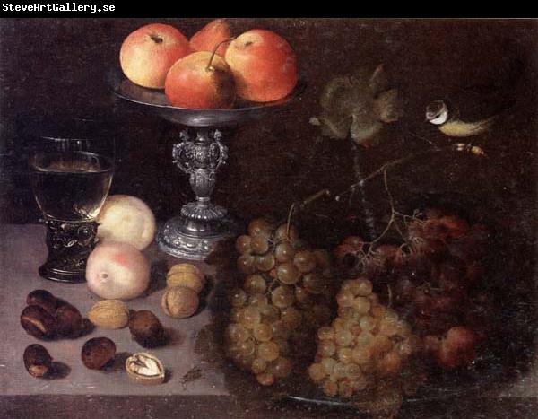 Georg Flegel Still life of grapes on a pewter dish,together with peaches,nuts,a glass roemer and a silver tazza containing apples and pears,and a blue-tit